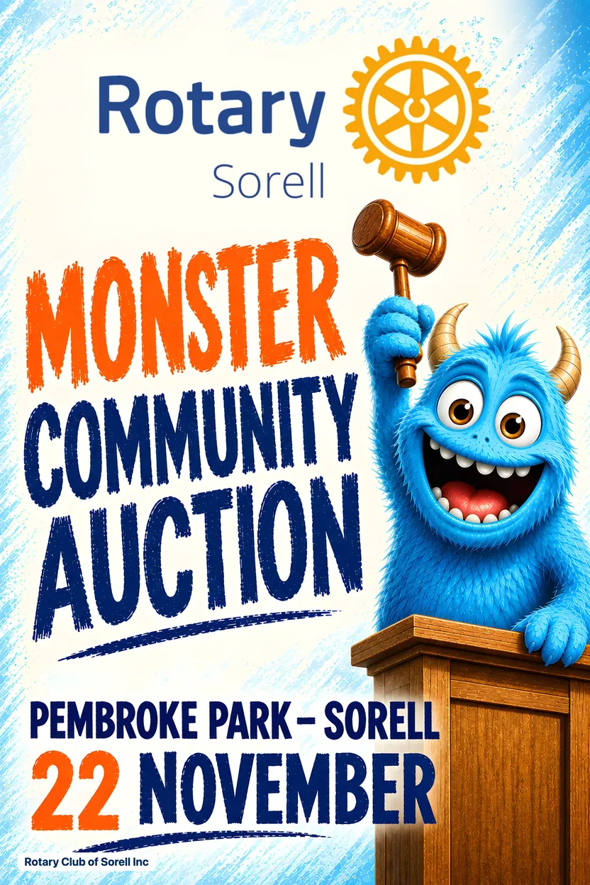 Poster: the Rotary Club of Sorell logo above a friendly blue monster raising an auctioneer's gavel. Monster Community Auction, Pembroke Park, Sorell, 22 November.
